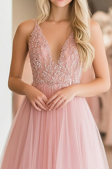 Une ligne dentelle appliques tulle rose col V profond robe de bal